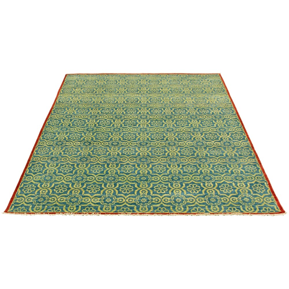 Hand-knotted Peshawar Ottoman Blue, Green Wool Soft Rug