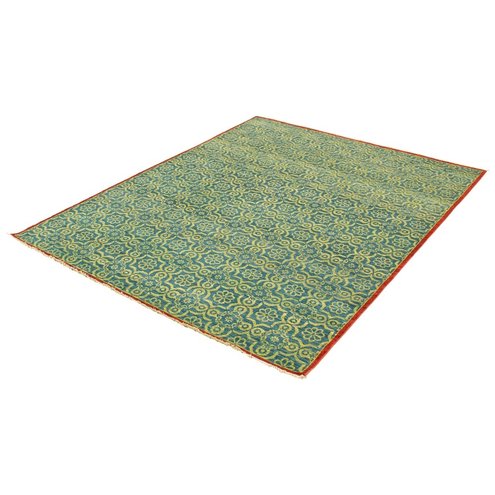 Hand-knotted Peshawar Ottoman Blue, Green Wool Soft Rug