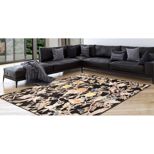 Black Floral Lotus Patterned Soft Rug