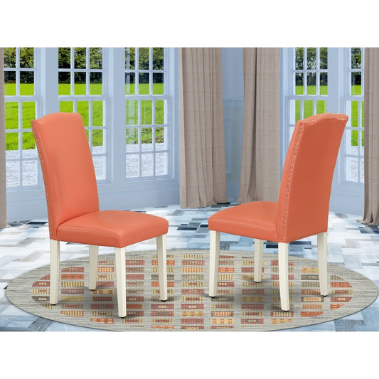 East West Furniture Encinal Parson Chair with Linen White Leg and Pu Leather Color Pink Flamingo, Set of 2