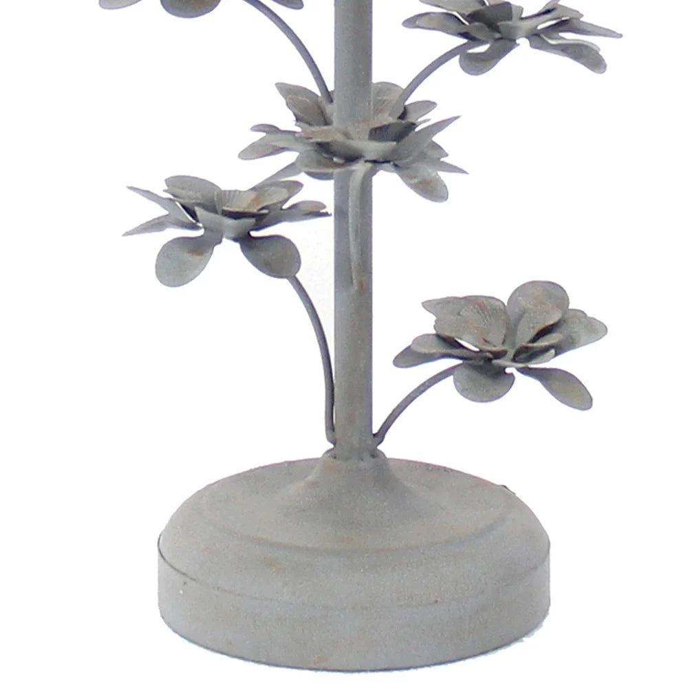 Flower Tree Design Metal Table Lamp with Tapered Drum Shade, Gray and Beige