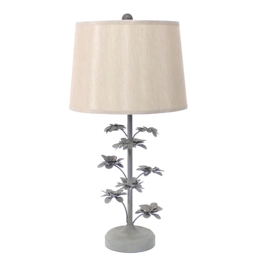 Flower Tree Design Metal Table Lamp with Tapered Drum Shade, Gray and Beige