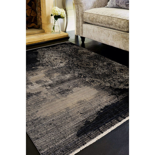 Renza Black Beige Distressed Damask Soft Area Rug