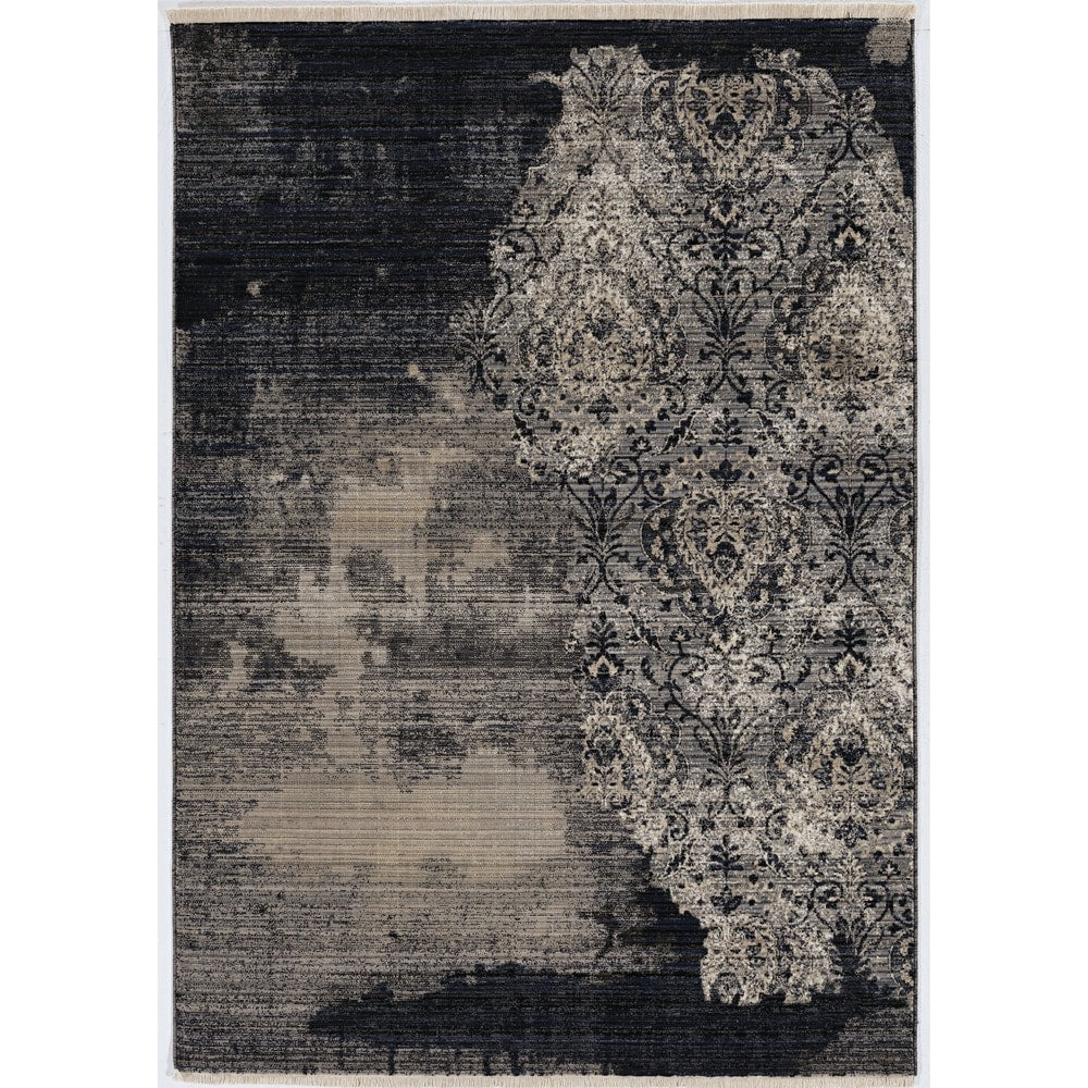 Renza Black Beige Distressed Damask Soft Area Rug