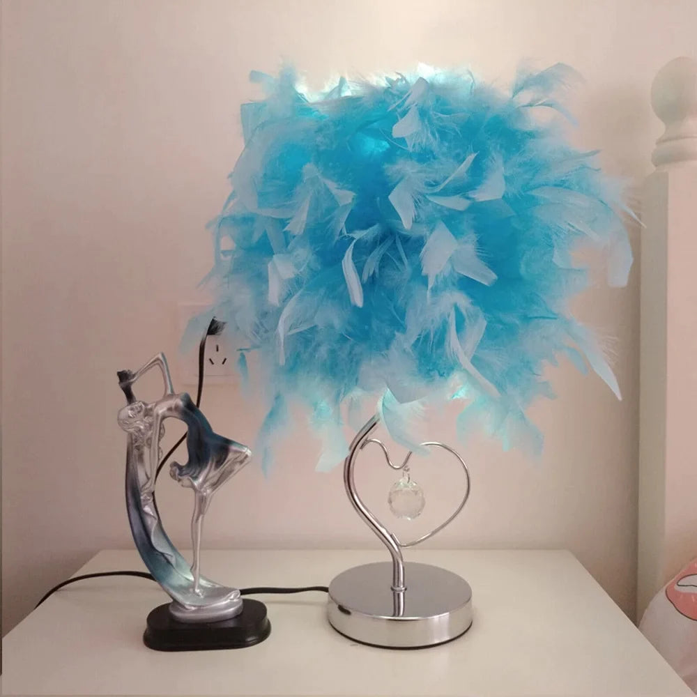 Blue Crystal Faux Feather Table Task Lamp - 9.8"