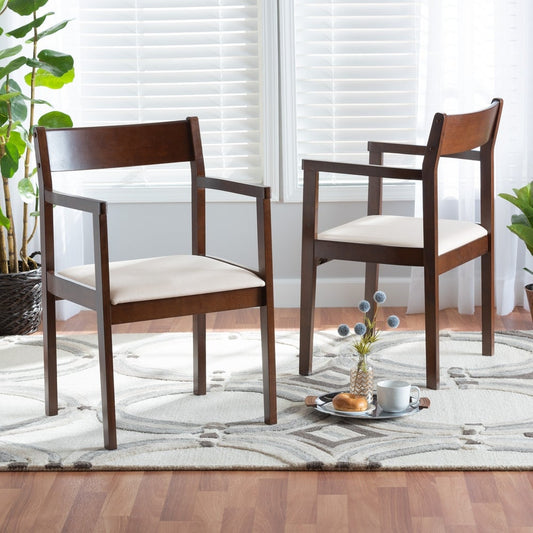 Helene Mid-Century Modern Cream Fabric and Dark Brown Finished Wood 2-Piece Dining Chair Set