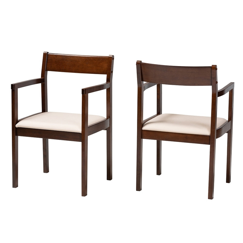 Helene Mid-Century Modern Cream Fabric and Dark Brown Finished Wood 2-Piece Dining Chair Set