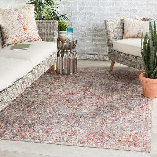 Cugoano Indoor/Outdoor Sky Blue/Pink Medallion Area Rug