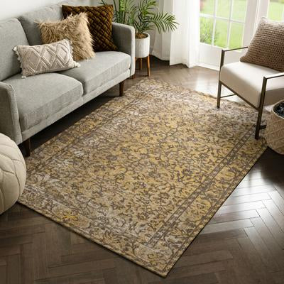 Vintage Distressed Orietnal Floral Yellow Kilim-Style Soft Area Rug