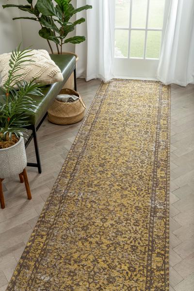 Vintage Distressed Orietnal Floral Yellow Kilim-Style Soft Area Rug