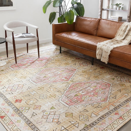 Leanne Aztec Distressed Printed Area Rug - Gold/Blush