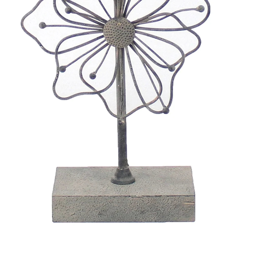 Metal Table Lamp with Flower Accent and Block Base,Beige and Gray