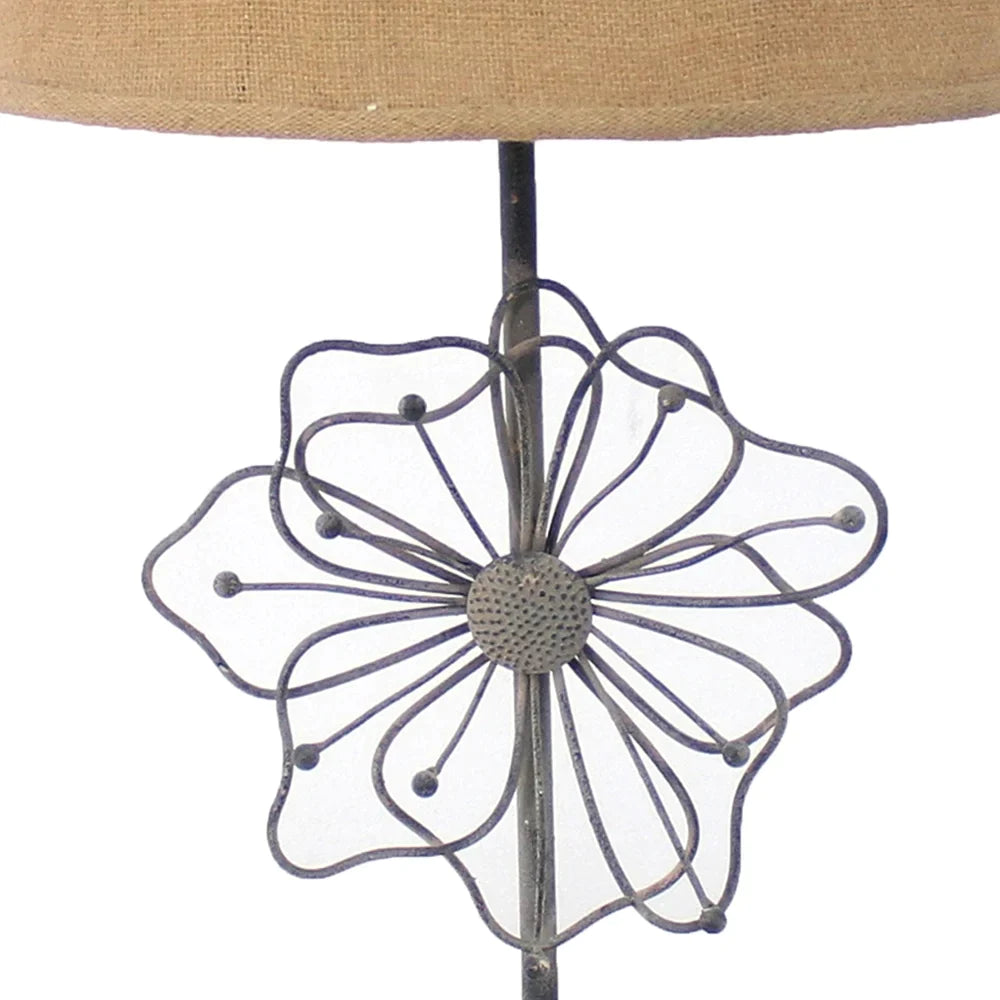 Metal Table Lamp with Flower Accent and Block Base,Beige and Gray