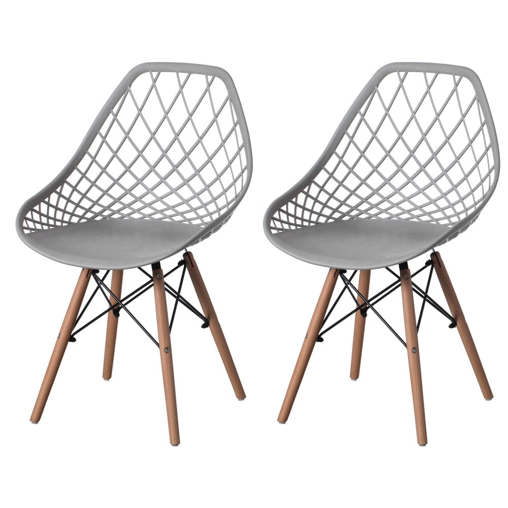 Mid-Century Modern Style Plastic Dsw Shell Dining Chair With Lattice Back And Wooden Dowel Eiffel Legs - Grey Single