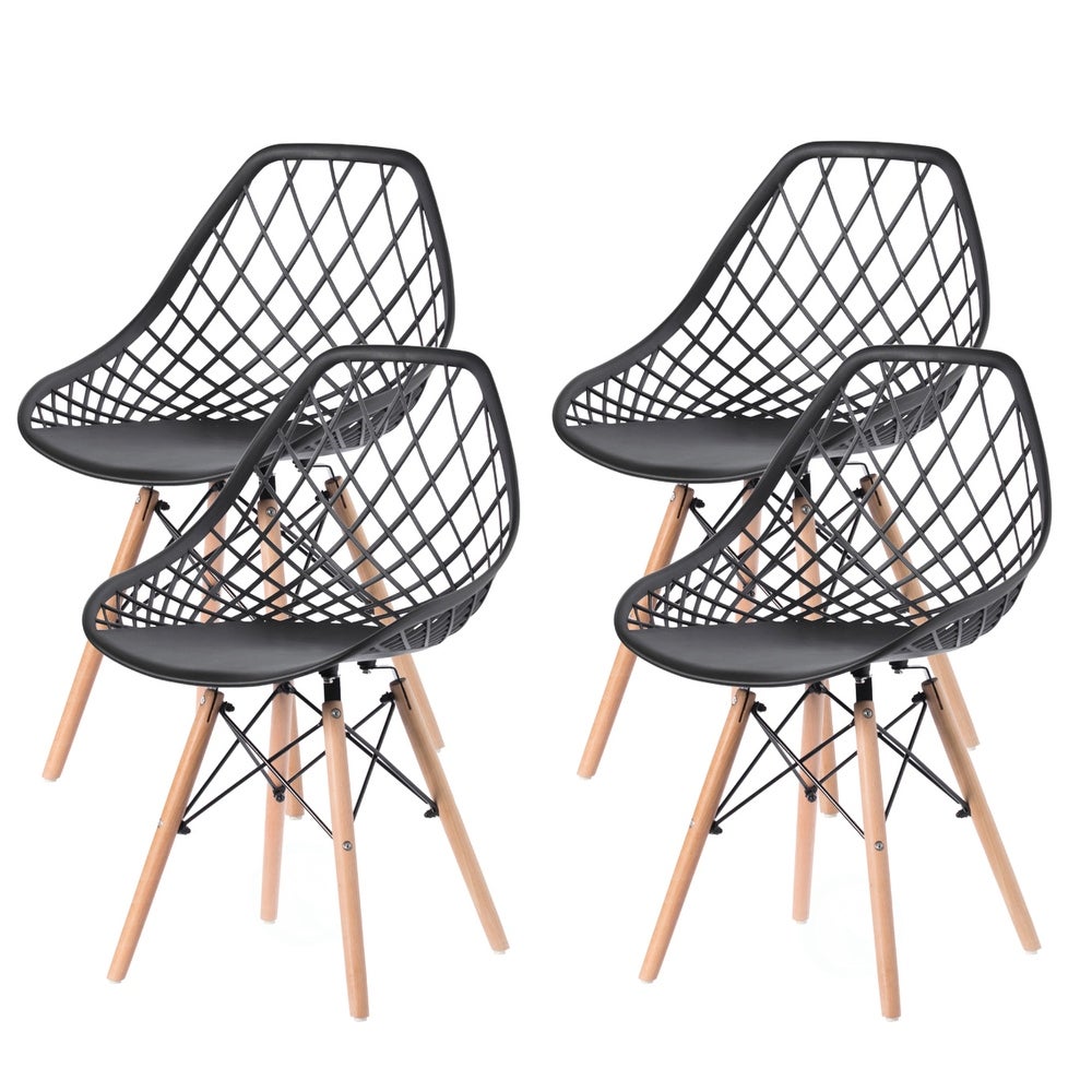 Mid-Century Modern Style Plastic Dsw Shell Dining Chair With Lattice Back And Wooden Dowel Eiffel Legs - Grey Single