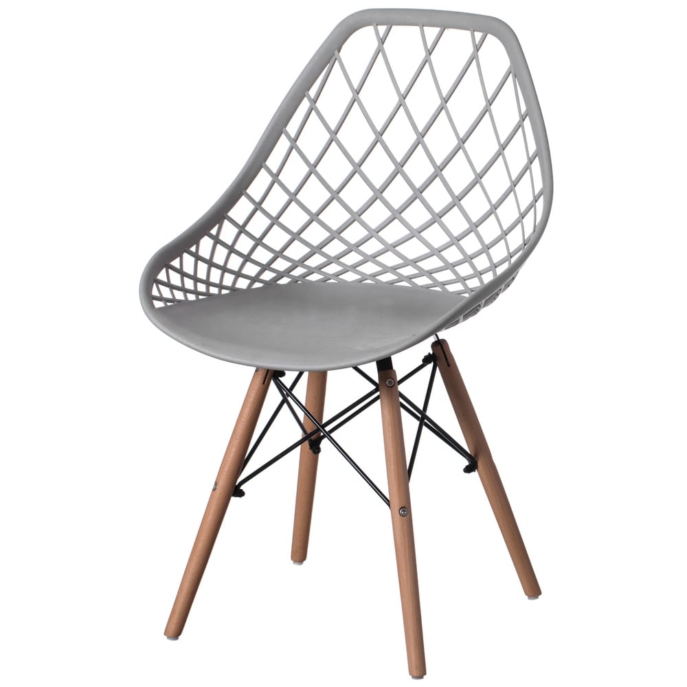 Mid-Century Modern Style Plastic Dsw Shell Dining Chair With Lattice Back And Wooden Dowel Eiffel Legs - Grey Single