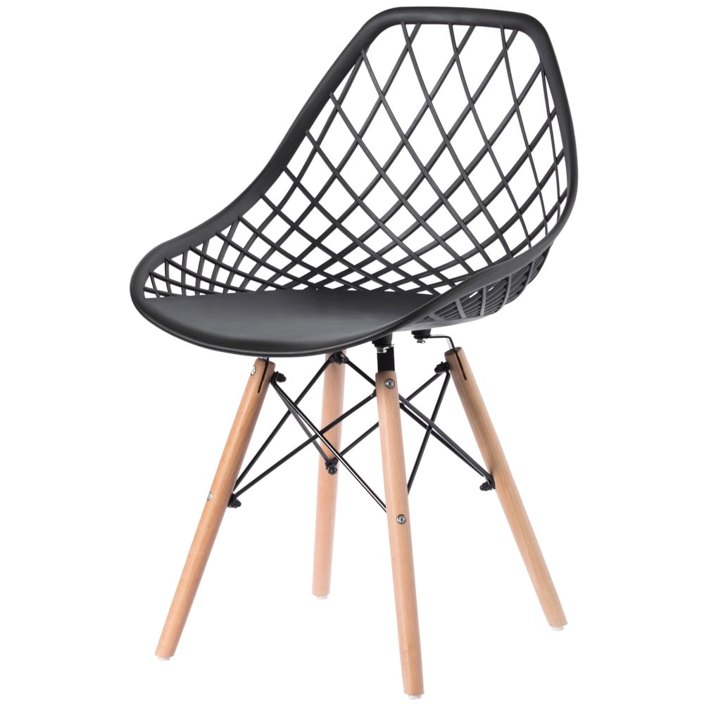 Mid-Century Modern Style Plastic Dsw Shell Dining Chair With Lattice Back And Wooden Dowel Eiffel Legs - Grey Single