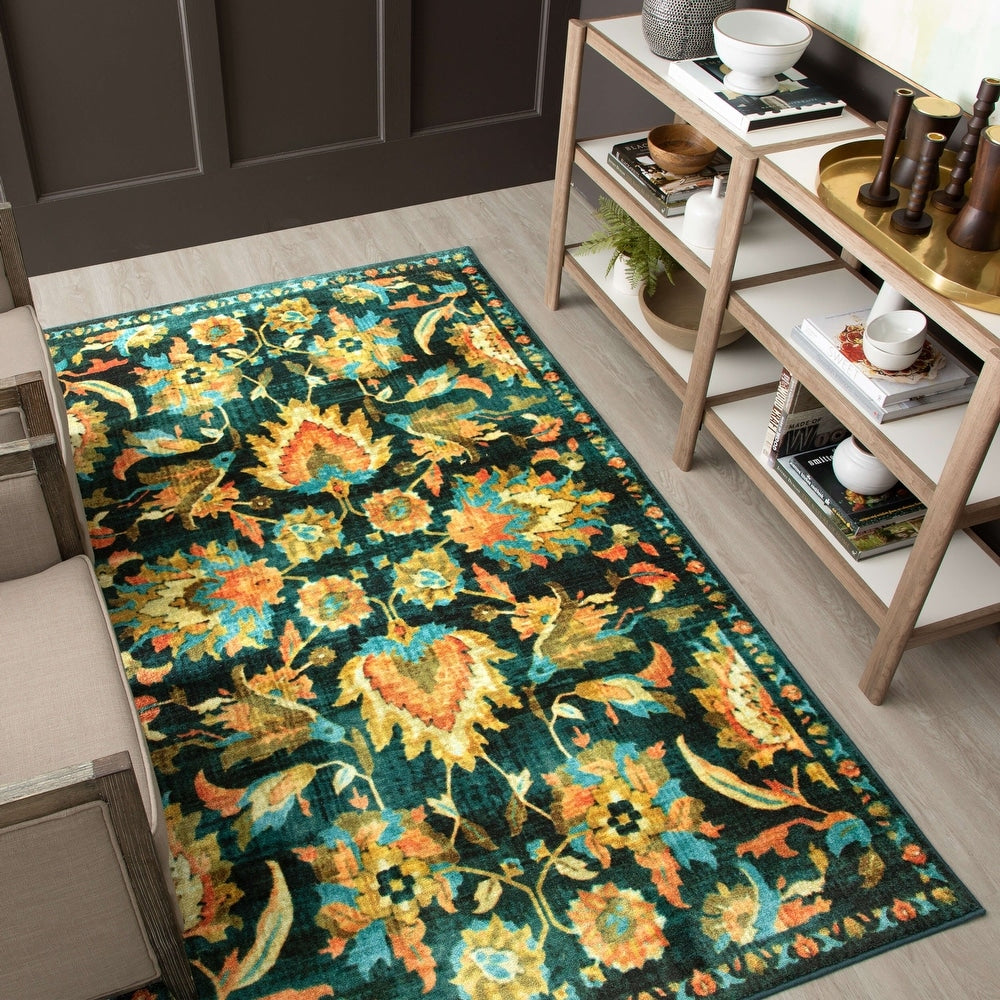 Home Pallava Floral Ornamental Area Rug  Denim