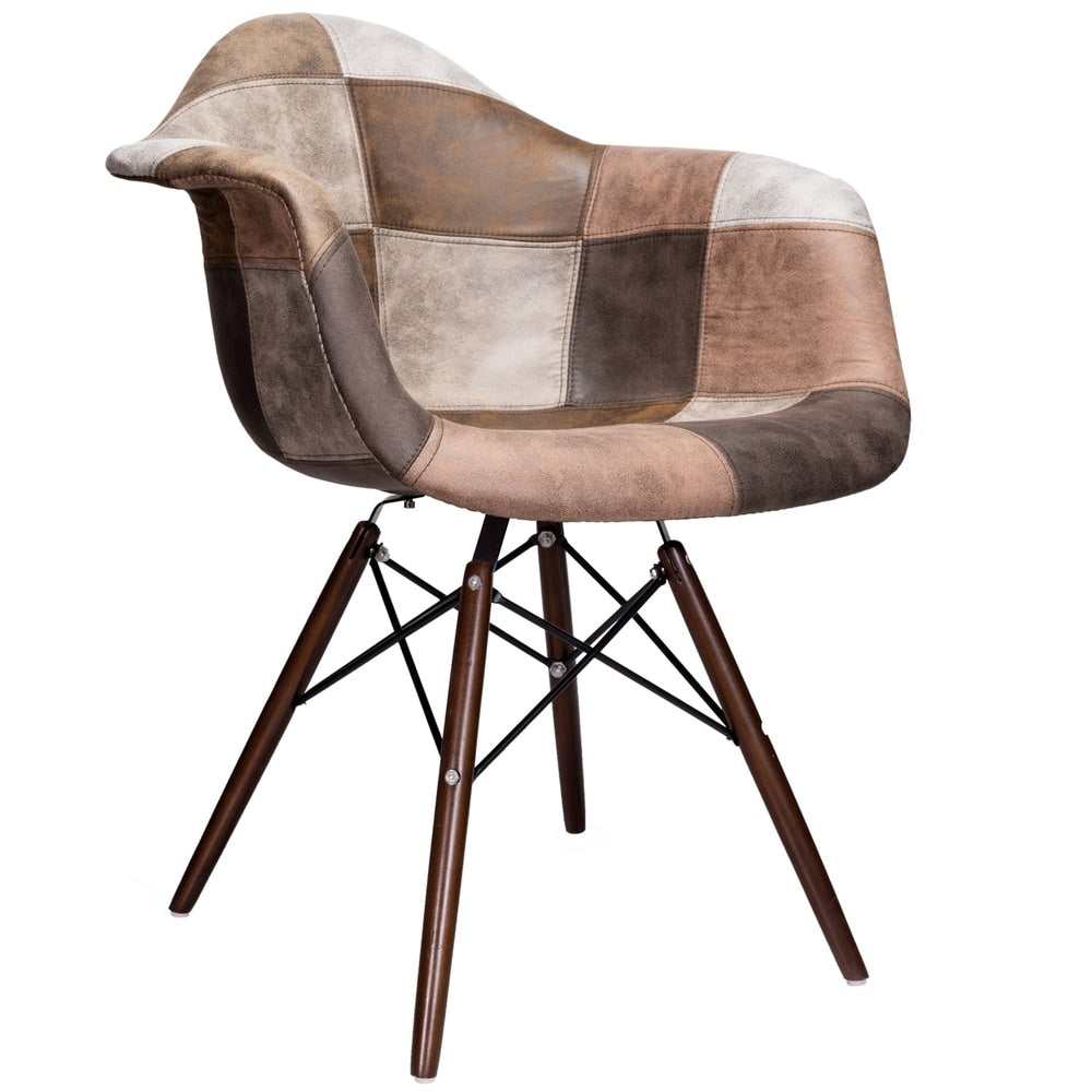 Mooku Brown Patchwork Leatherette Fabric Upholstered Dining Accent Arm Chair with Dark Walnut Leg