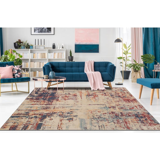 Low-Pile Beige/Blue Soft Area Rug