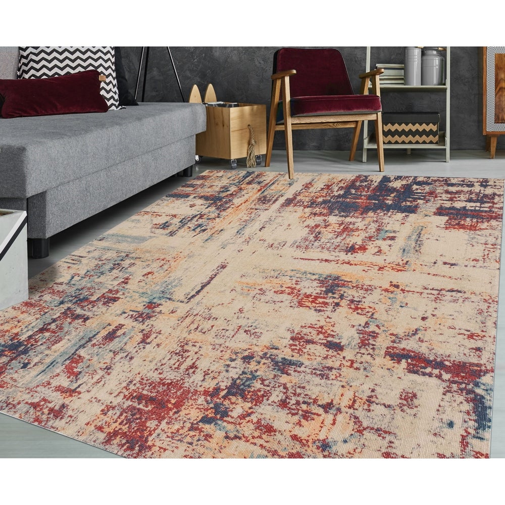 Low-Pile Beige/Blue Soft Area Rug