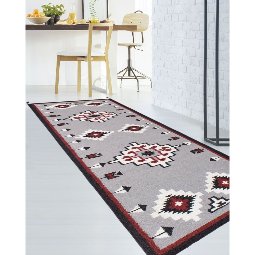 Grey Red Handmade Flatweave Navi Soft Area Rug