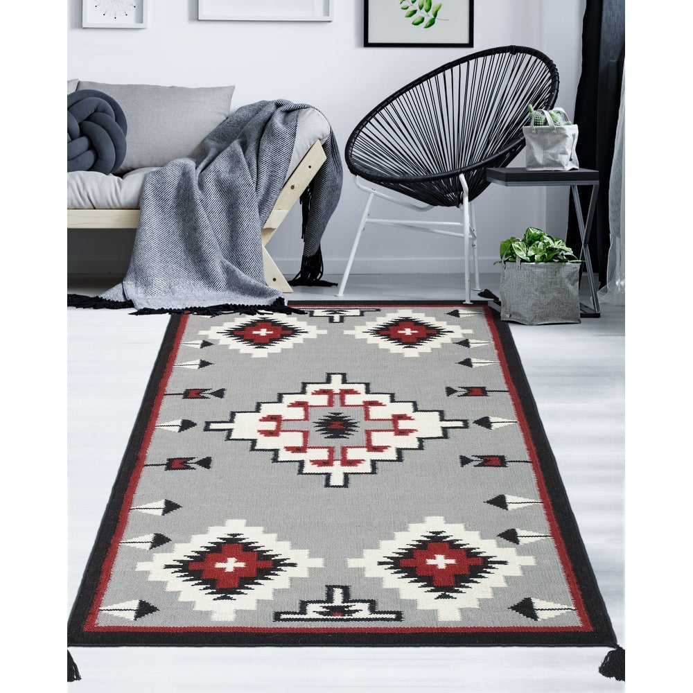 Grey Red Handmade Flatweave Navi Soft Area Rug