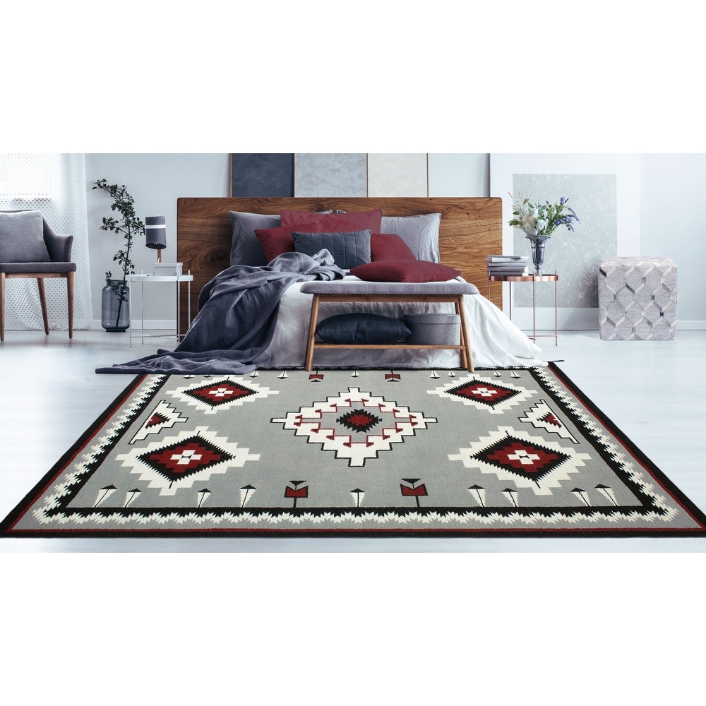 Grey Red Handmade Flatweave Navi Soft Area Rug