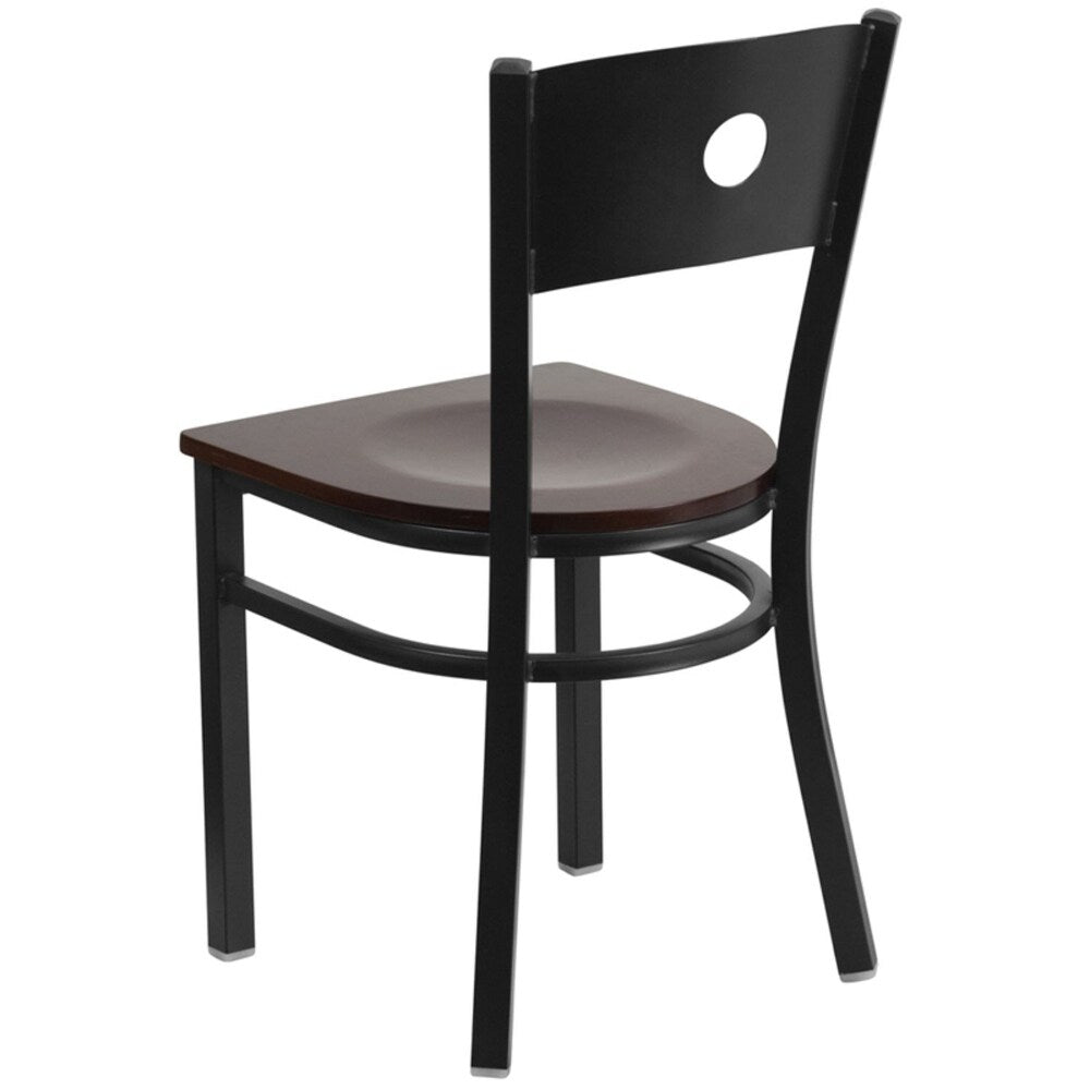 Offex Black Circle Back Metal Restaurant Chair with Walnut Wood Seat - N/A