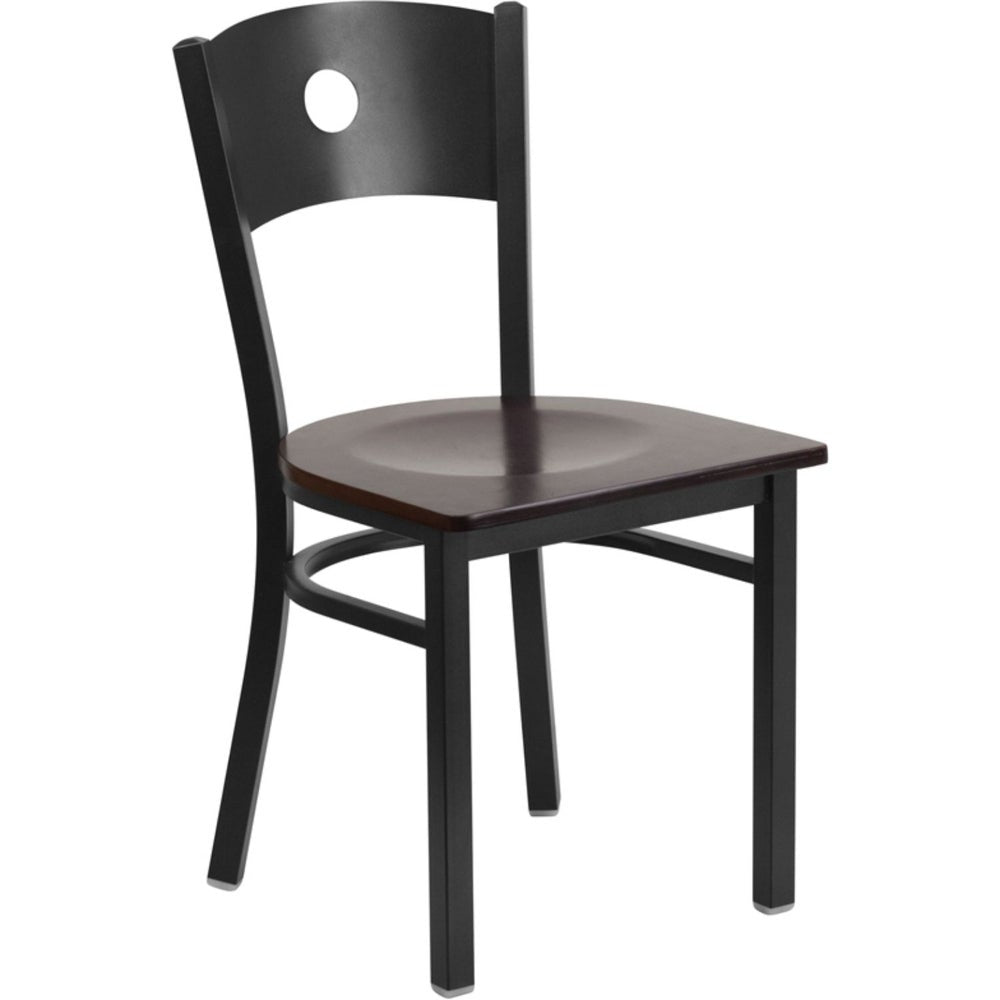 Offex Black Circle Back Metal Restaurant Chair with Walnut Wood Seat - N/A