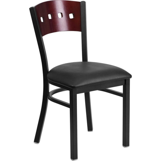 Offex Black Decorative 4 Square Back Metal Restaurant Chair with Mahogany Wood Back and Black Vinyl Seat - N/A