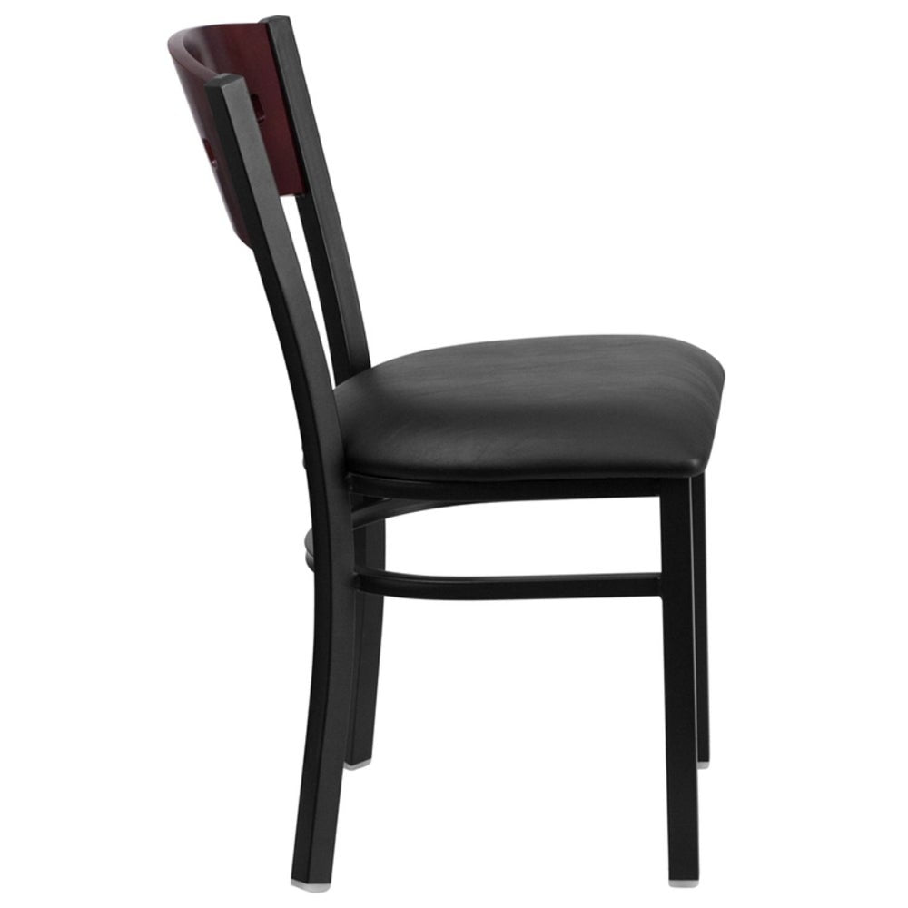 Offex Black Decorative 4 Square Back Metal Restaurant Chair with Mahogany Wood Back and Black Vinyl Seat - N/A