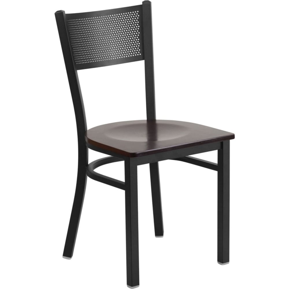 Offex Black Grid Back Metal Restaurant Chair with Walnut Wood Seat - N/A