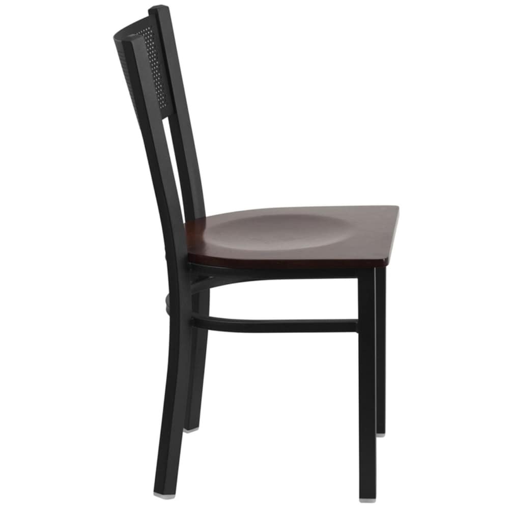 Offex Black Grid Back Metal Restaurant Chair with Walnut Wood Seat - N/A
