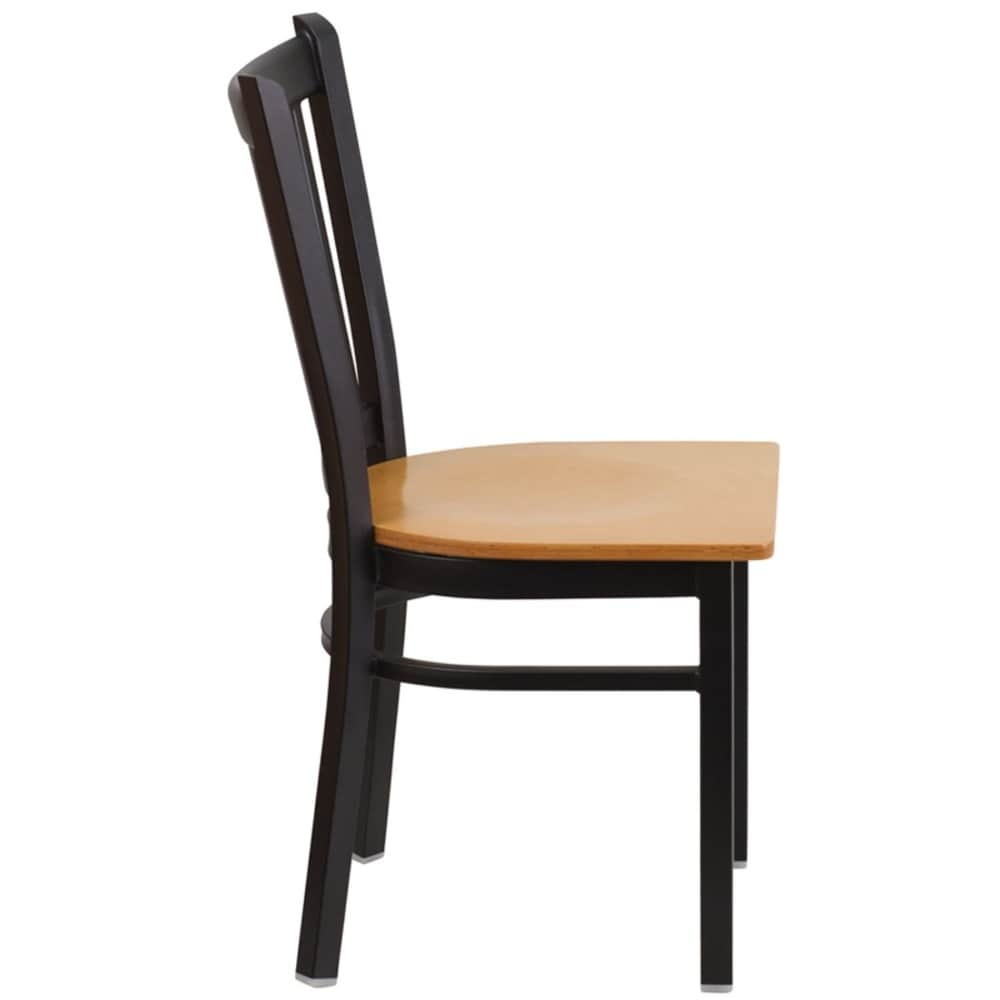 Offex Black Vertical Back Metal Restaurant Chair with Natural Wood Seat - N/A