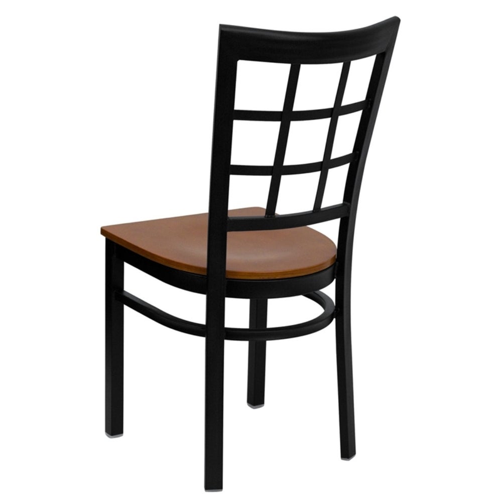 Offex Black Window Back Metal Restaurant Chair with Cherry Wood Seat - N/A