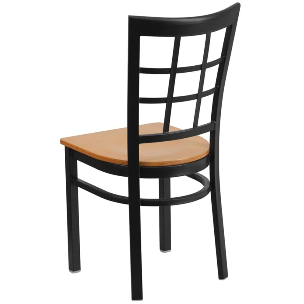 Offex Black Window Back Metal Restaurant Chair with Natural Wood Seat