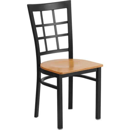 Offex Black Window Back Metal Restaurant Chair with Natural Wood Seat