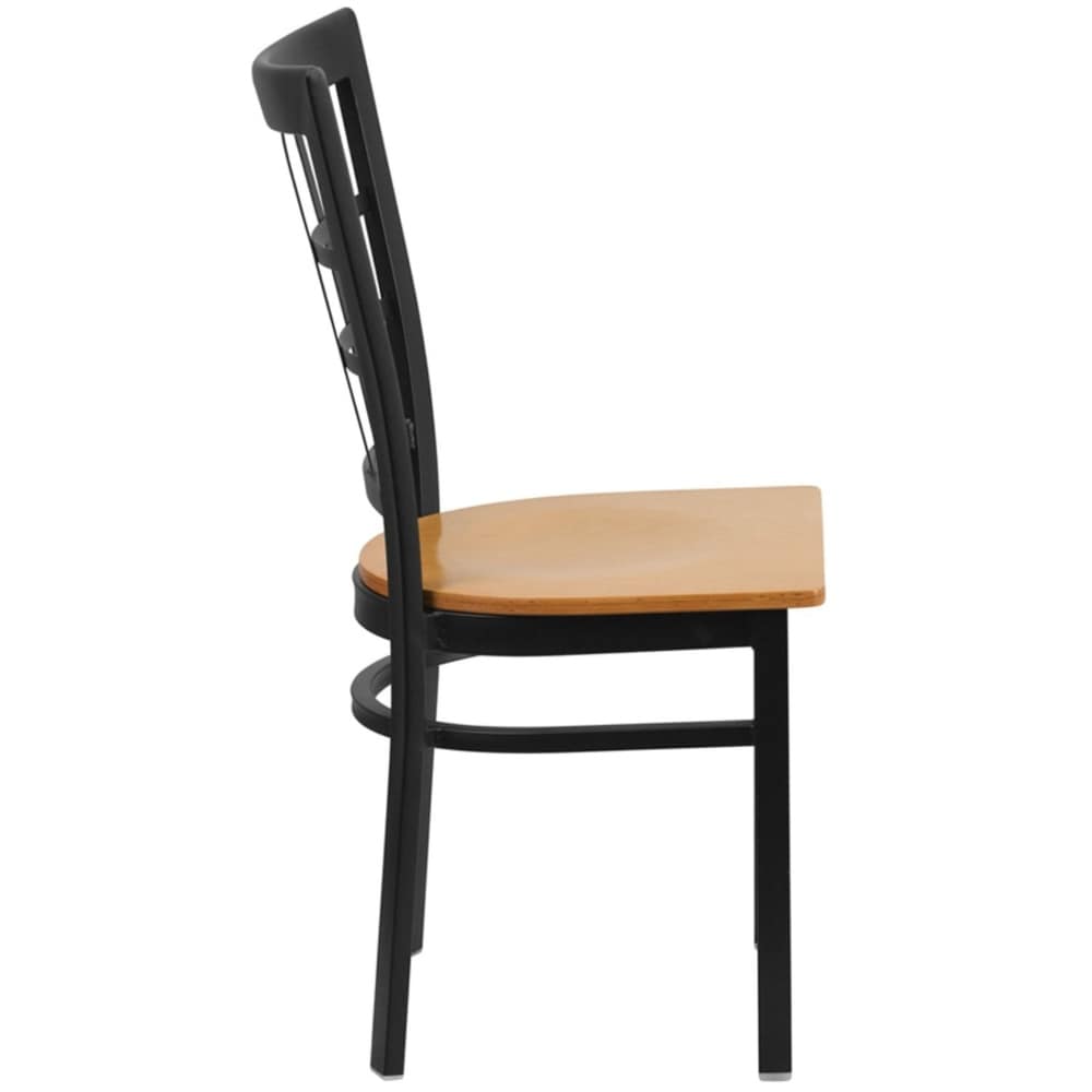 Offex Black Window Back Metal Restaurant Chair with Natural Wood Seat