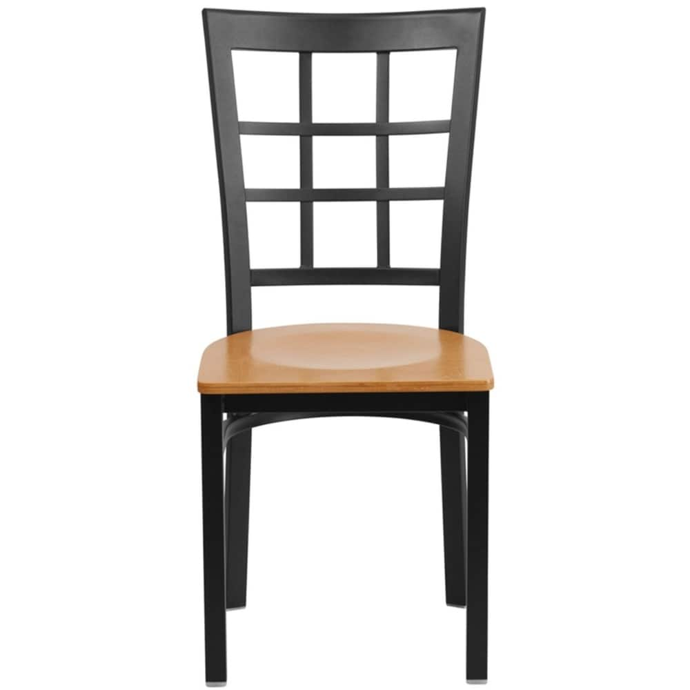 Offex Black Window Back Metal Restaurant Chair with Natural Wood Seat