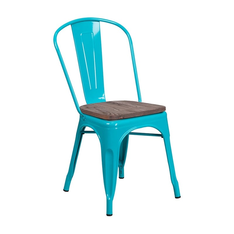 Offex Crystal Teal Blue Metal Stackable Bistro Style Chair with Textured Wood Seat