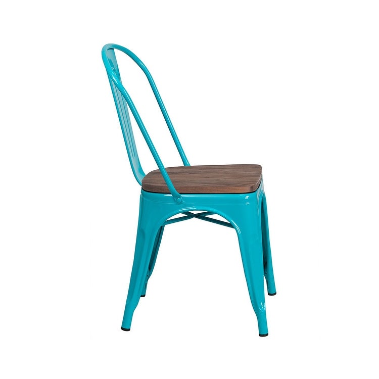 Offex Crystal Teal Blue Metal Stackable Bistro Style Chair with Textured Wood Seat