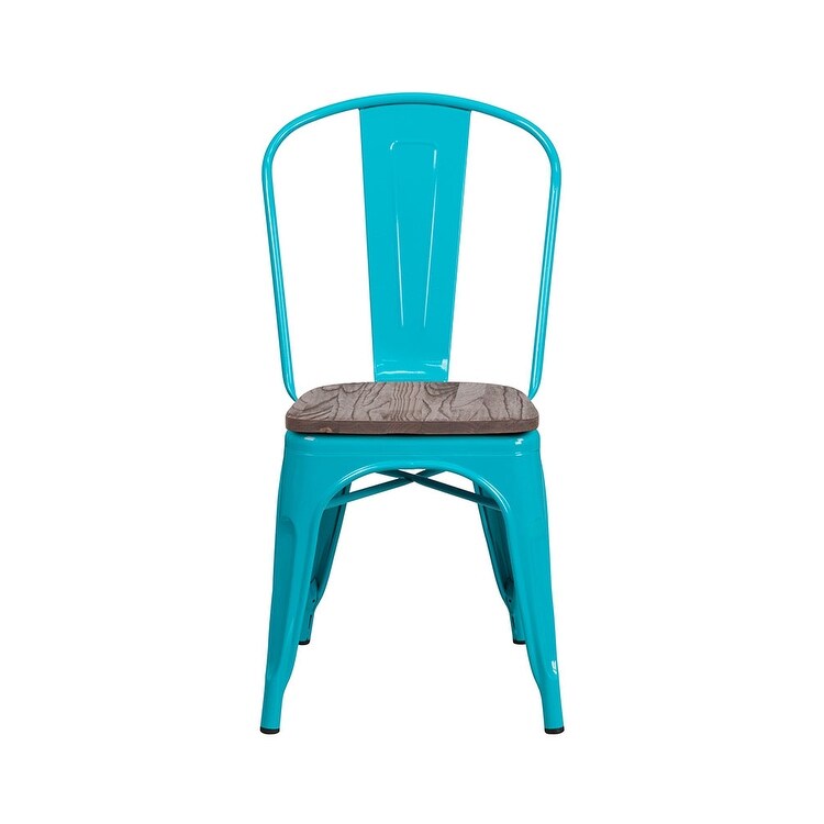 Offex Crystal Teal Blue Metal Stackable Bistro Style Chair with Textured Wood Seat