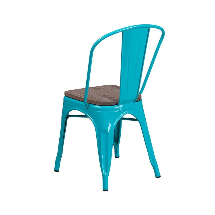 Offex Crystal Teal Blue Metal Stackable Bistro Style Chair with Textured Wood Seat