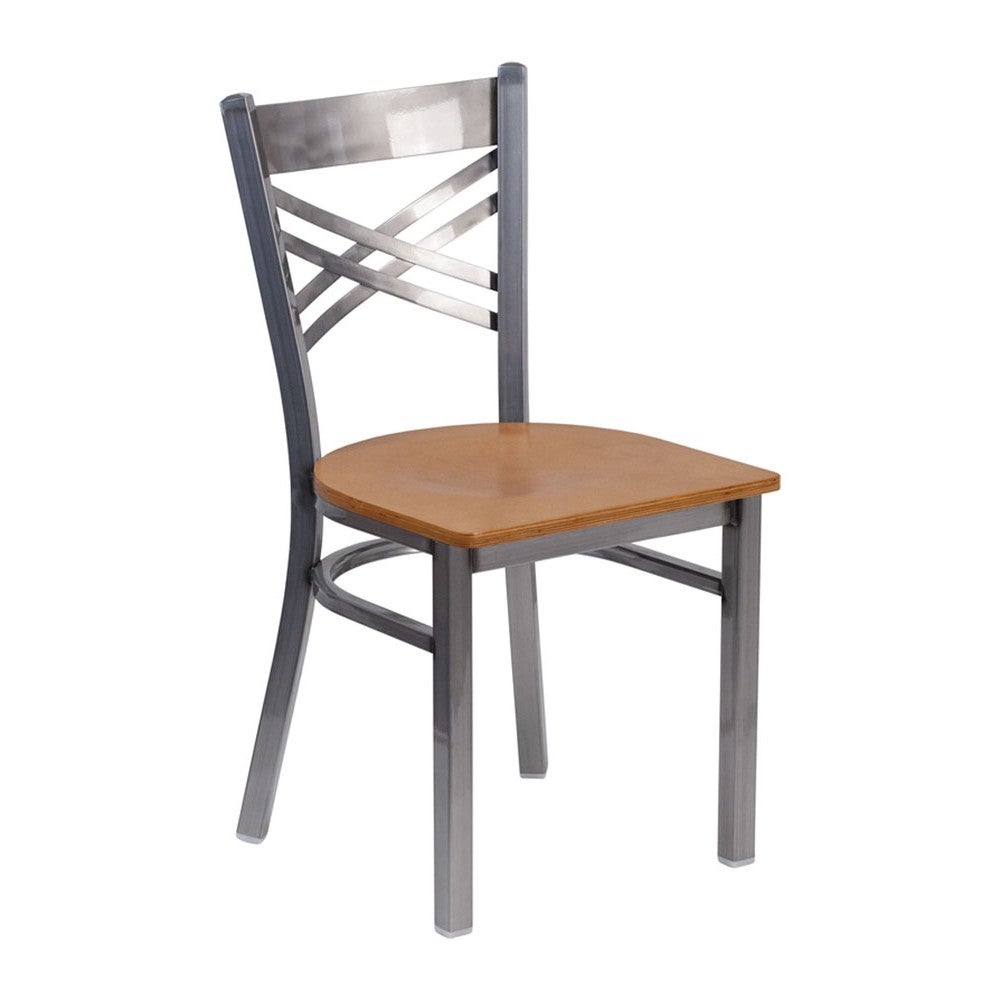 Offex HERCULES Series Clear Coated "X" Back Metal Restaurant Chair - Natural Wood Seat [OF-XU-6FOB-CLR-NATW-GG]