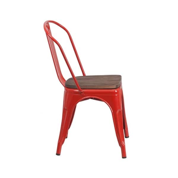 Offex Modern Rustic Metal Bistro Stackable Chair with Wood Seat - Red