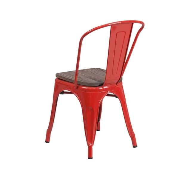 Offex Modern Rustic Metal Bistro Stackable Chair with Wood Seat - Red