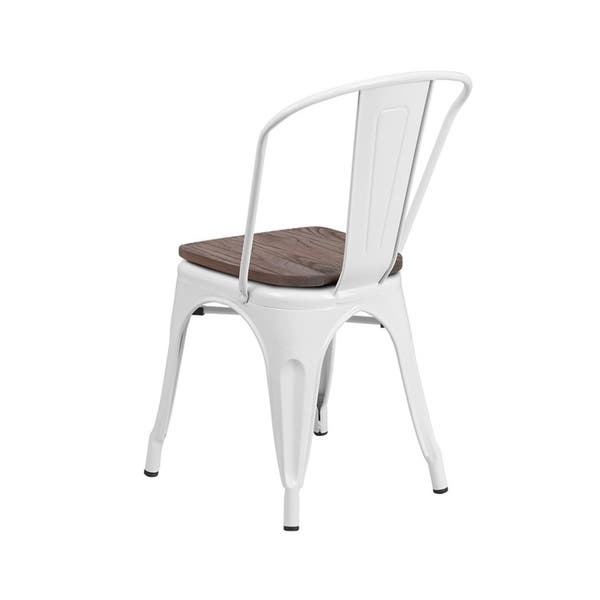 Offex Modern Rustic Metal Bistro Stackable Chair with Wood Seat - White