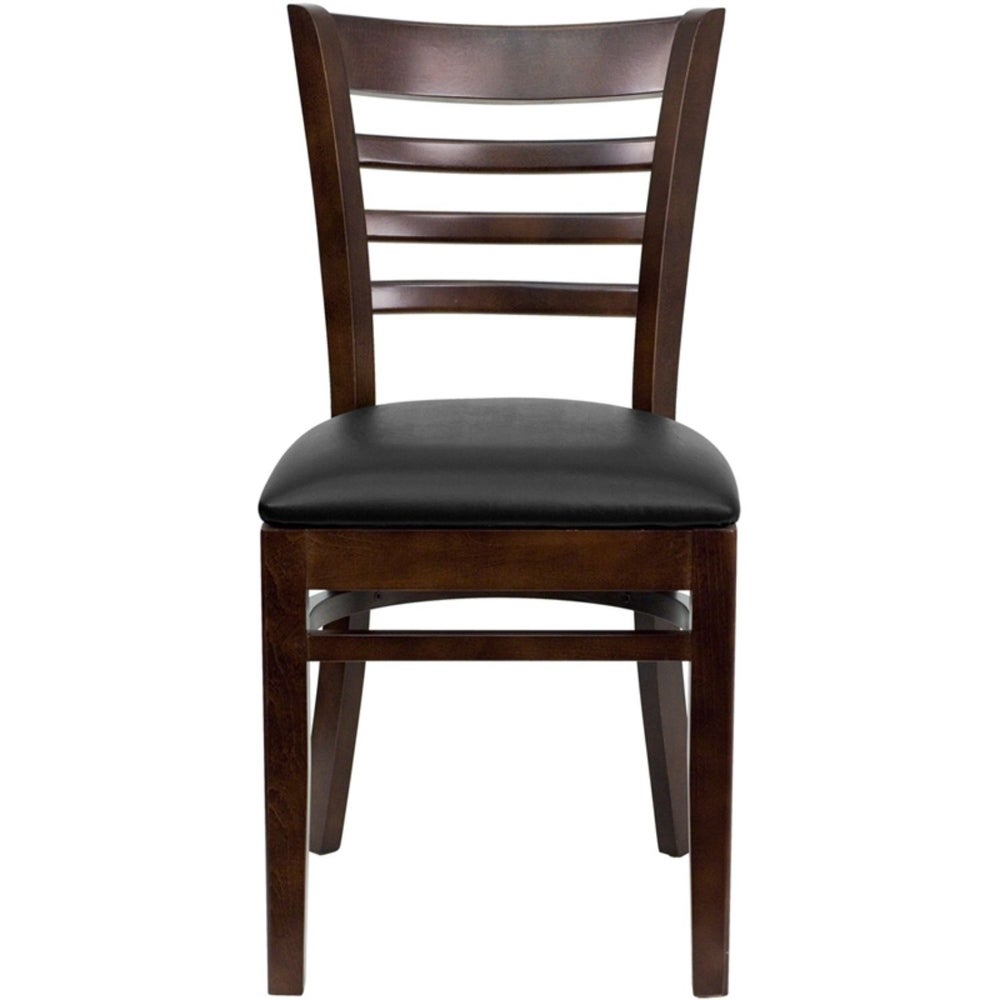 Offex Walnut Finished Ladder Back Wooden Restaurant Chair with Black Vinyl Seat - N/A