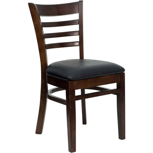 Offex Walnut Finished Ladder Back Wooden Restaurant Chair with Black Vinyl Seat - N/A